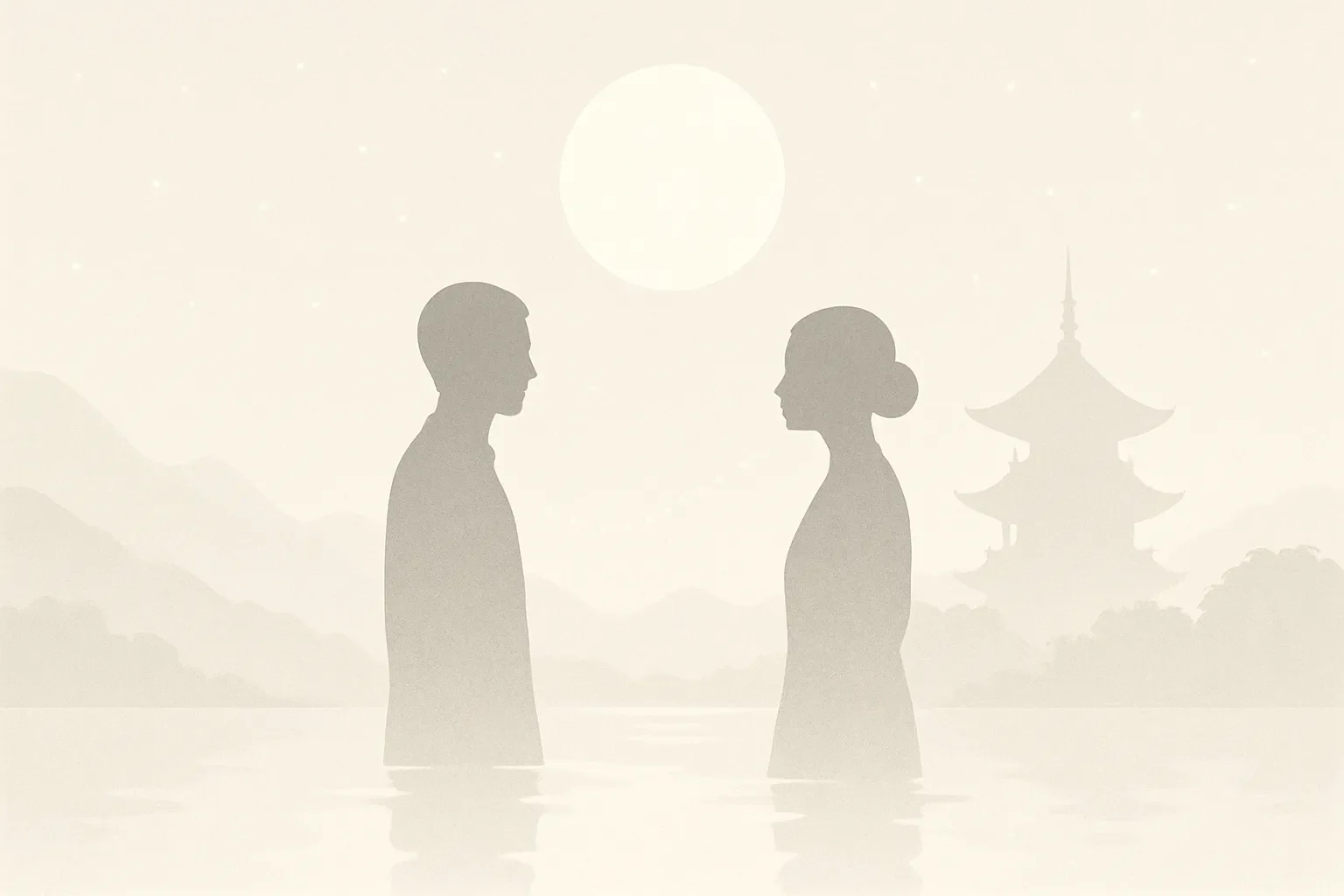 Dos siluetas humanas ambiguas mirándose bajo la luna llena, con paisaje oriental y pagoda difusa, ilustración usada para la sección de compatibilidad del Horóscopo Chino.